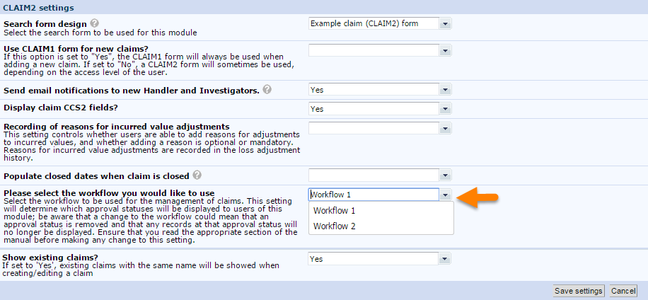 Claim Configuration CLAIM2 Settings