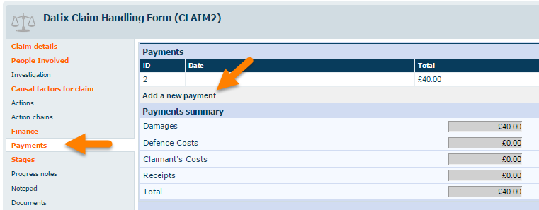 Datix Claim Handling Form Add New Payment