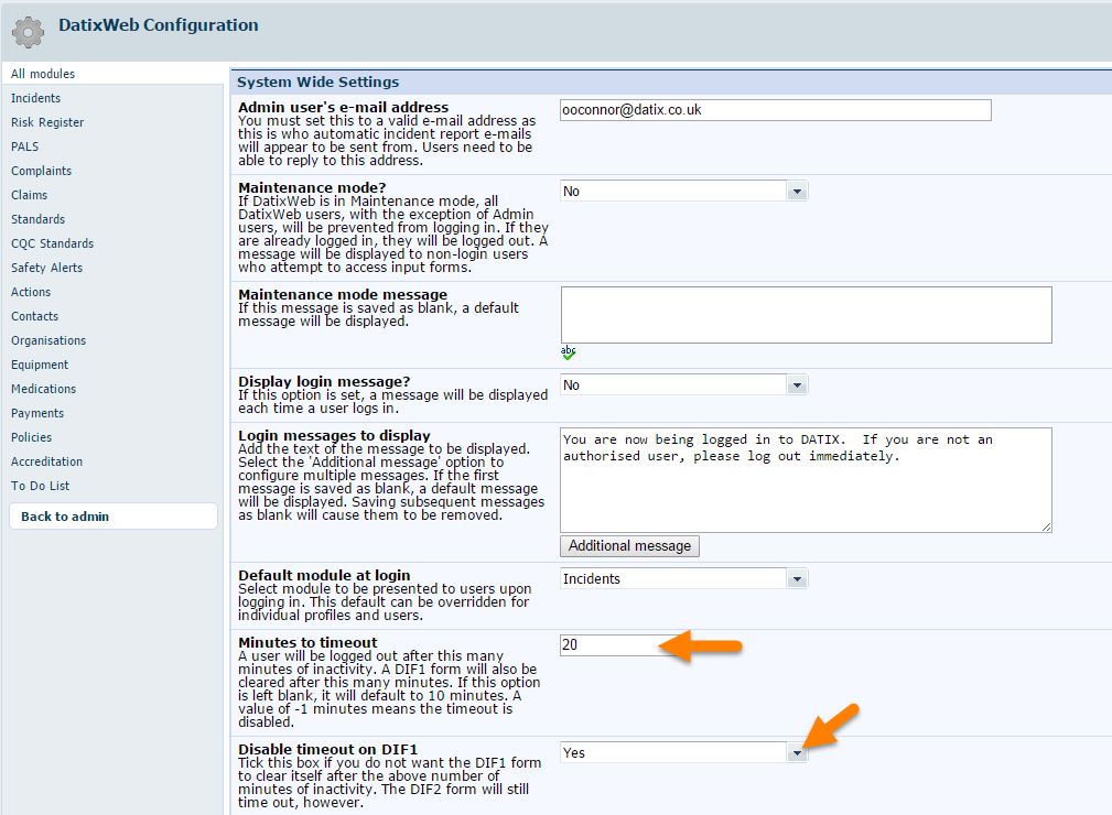 DatixWeb Configuration Page