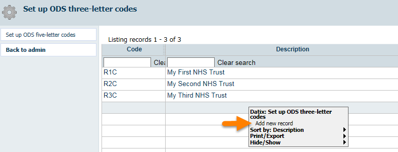 Set Up ODS Three Letter Codes Add New Record